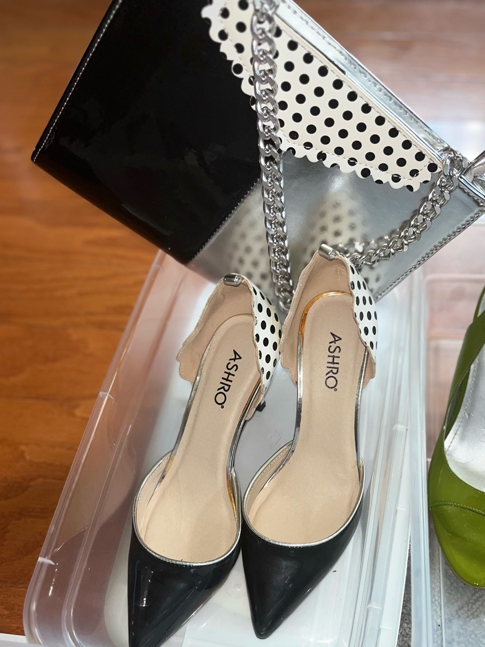 Ashro Black Patent Pointed-Toe D'Orsay Heels with White Polka-Dot Ankle Strap